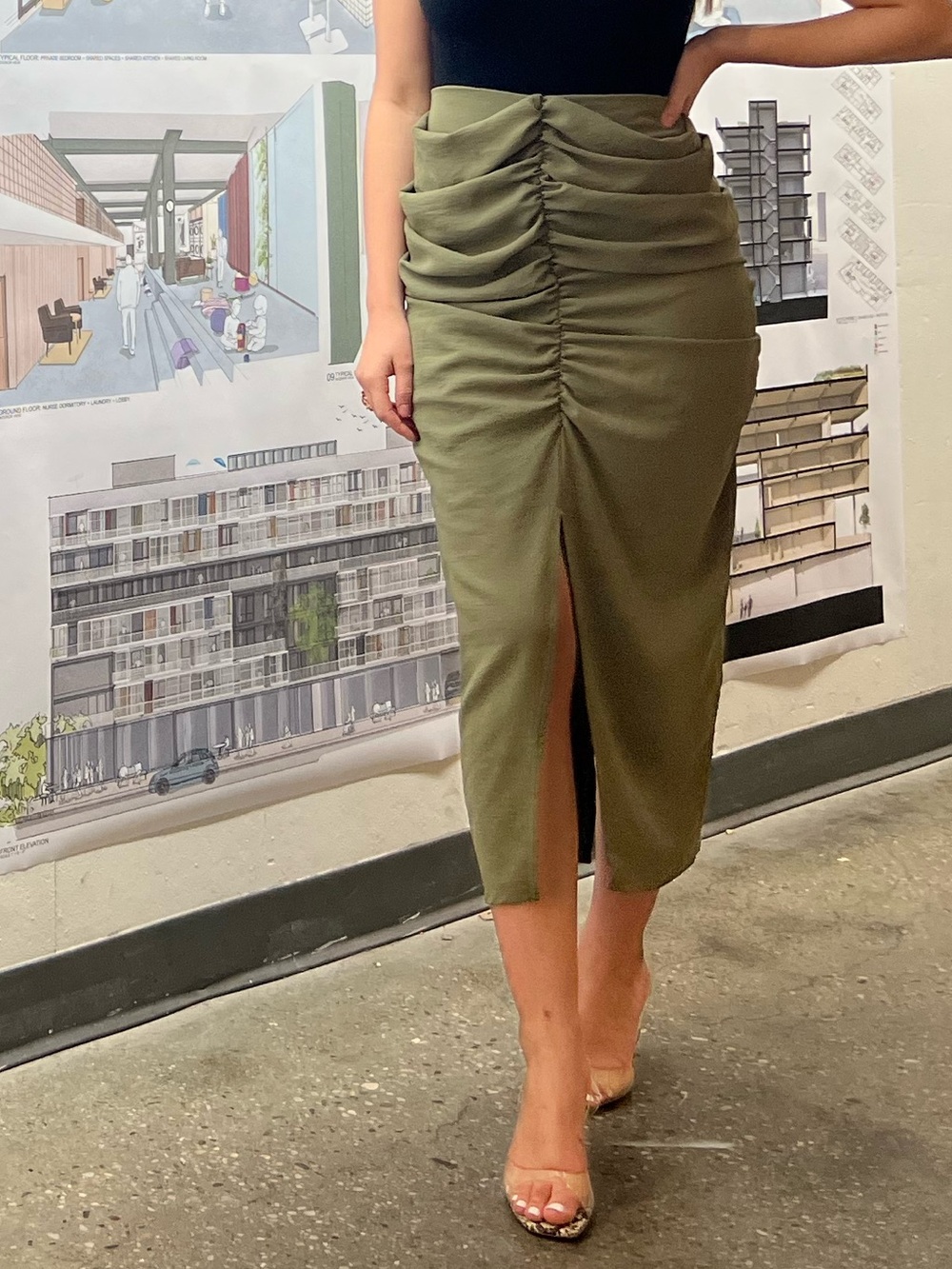 Zara Skirt Size S Ruched Olive Green Midi Skirt with Front Slit